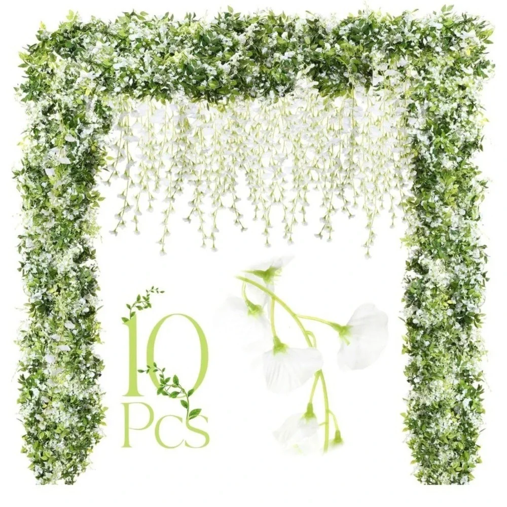 Crowye 10Pcs 7.2ft Artificial Wisteria Garland Silk Wedding Arch Decor White